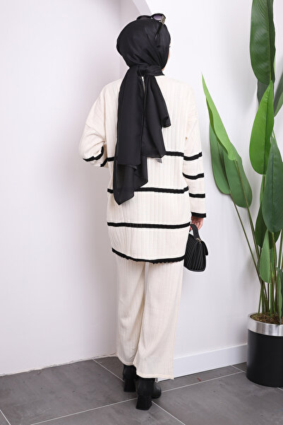 İmajButik Cream Striped Knitwear Tunic Trousers Double Set