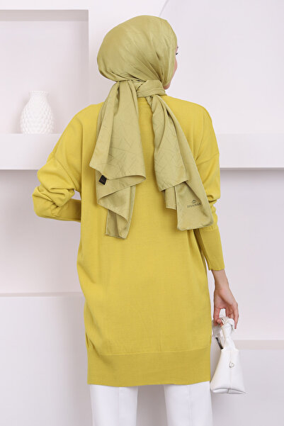 İmajButik Yağ Yeşili Bisiklet Yaka Merserize Salaş Triko Tunik