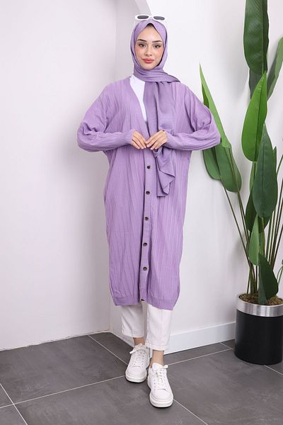 İmajButik Lilac Buttoned Long Knitwear Mercerized Cardigan