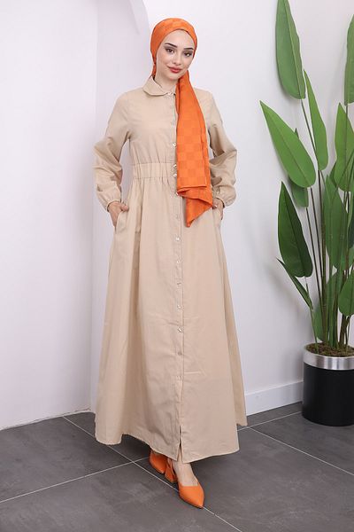 İmajButik Φόρεμα μπεζ ελαστικό μανίκι μέσης