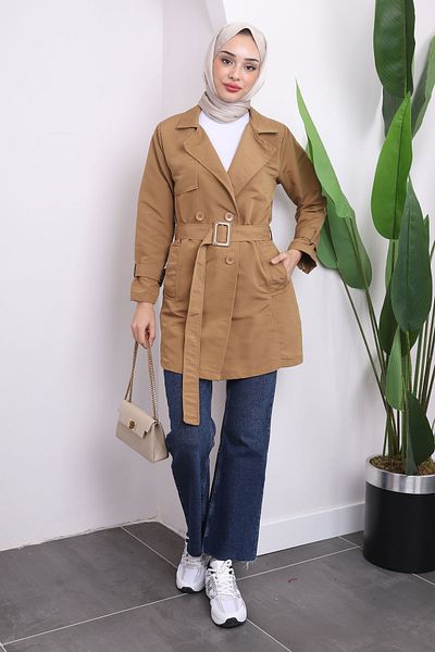 İmajButik Κοντή καμπαρντίνα Camel Pocket με ζώνη μέσης