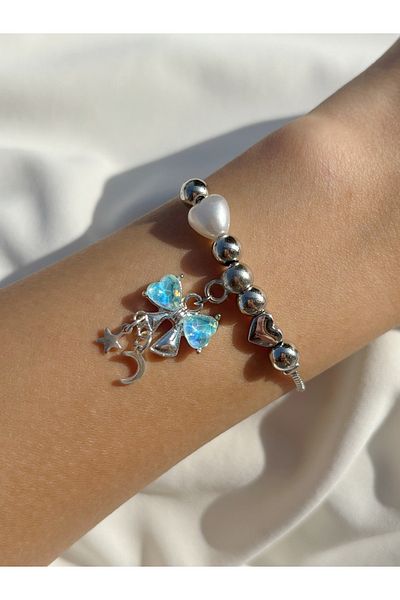 Eylülün Takısı Women's Silver Color Dangle Blue Bow Pearl Bead Bracelet