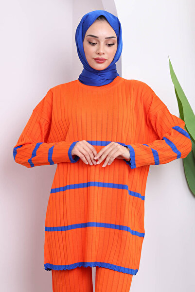 İmajButik Orange Striped Knitwear Tunic Trousers Double Set