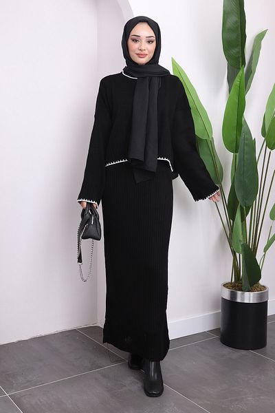 İmajButik Μαύρο Πλεκτό Φόρεμα Crop Διπλό Σετ