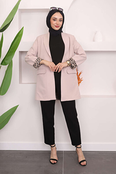 İmajButik Beige Blazer - Double Breasted Collar and Pocket Jacket