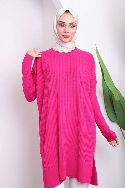 İmajButik Φούξια Crew Neck Mercerized Casual Knitwear Tunic