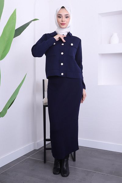 İmajButik Σετ πλεκτό με φούστα Navy Blue Crop Cardigan