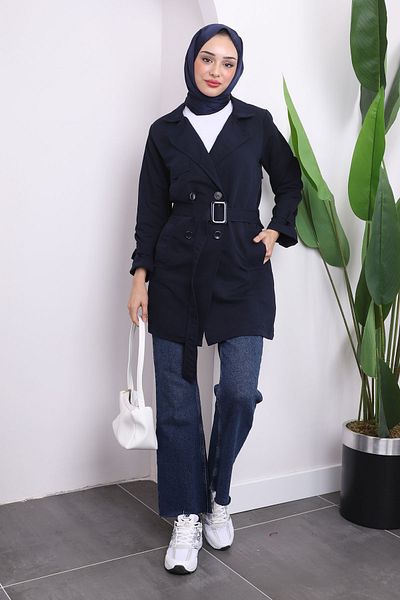 İmajButik Μπλε μπλέ κοντή καμπαρντίνα με τσέπες και ζώνη στη μέση