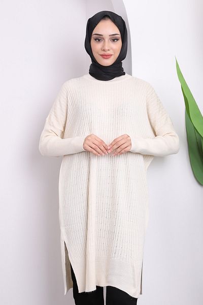 İmajButik Κρεμ Crew Neck Mercerized Casual Knitwear Tunic