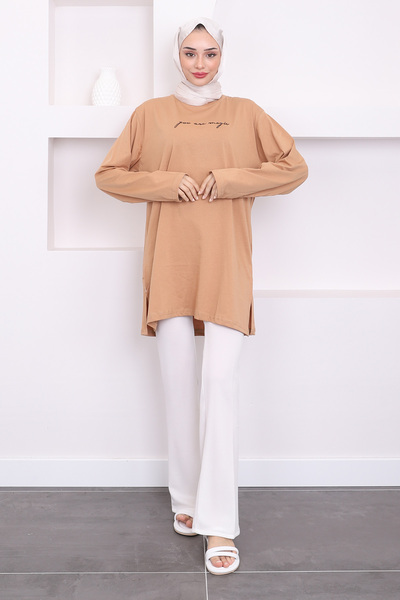 İmajButik Long Sleeve Mink Printed Combed Cotton Tunic