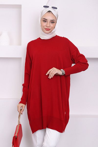 İmajButik Claret Red Crew Neck Mercerized Casual Knitwear Tunic