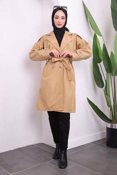 İmajButik Καμπαρντίνα με κουμπιά με ζώνη καμήλας
