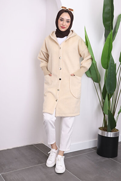 İmajButik كريم الأنجورا مقنعين معطف