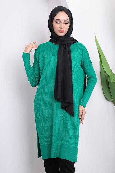 İmajButik Green Crew Neck Mercerized Casual Knitwear Tunic