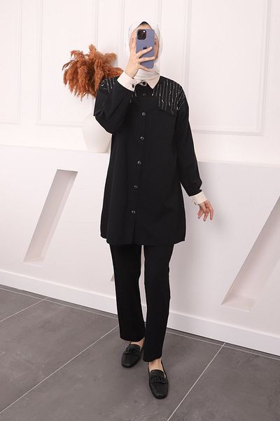İmajButik Σετ μαύρο τουνίκ και παντελόνι με πέτρινη λεπτομέρεια