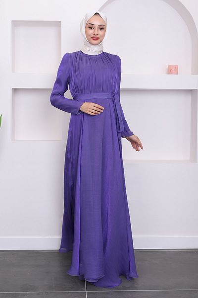 İmajButik Βραδινό φόρεμα με πλισέ μωβ φύλλο μπροστά