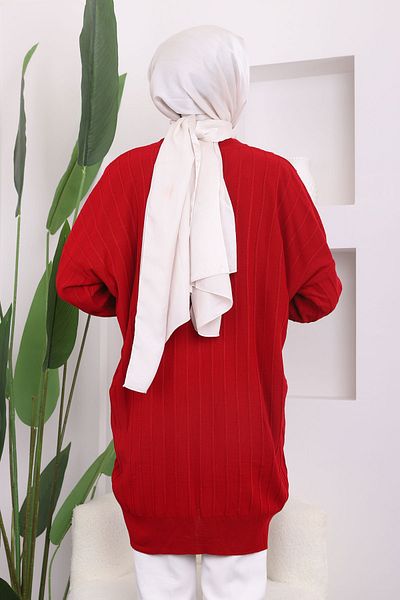 İmajButik Red Crew Neck Mercerized Casual Knitwear Tunic