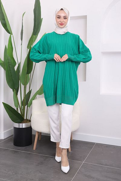 İmajButik Green Crew Neck Mercerized Casual Knitwear Tunic