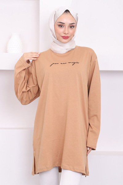 İmajButik Long Sleeve Mink Printed Combed Cotton Tunic