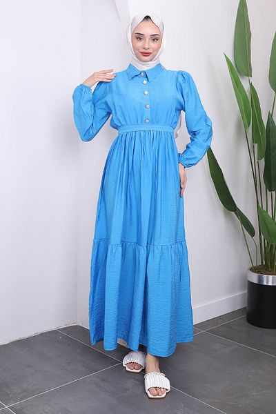 İmajButik Λινό Φόρεμα - Μπλε, Πλισέ μέσης