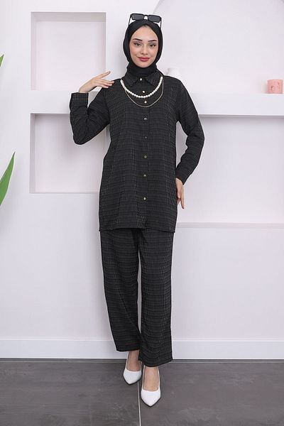 İmajButik Μαύρο ριγέ Σετ τουνίκ και παντελόνι - Με κολιέ