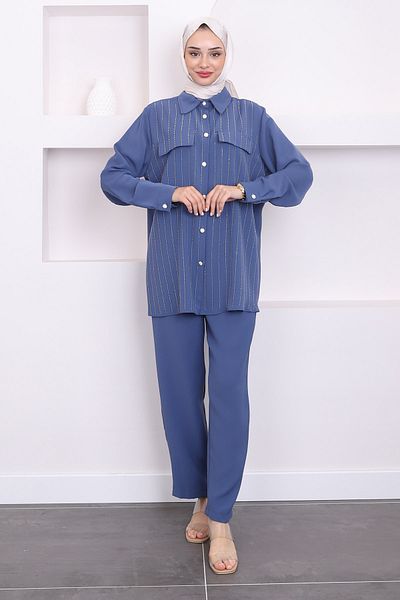 İmajButik طقم تونيك وبنطلون نيلي مرصع بالأحجار الأمامية - جيوب