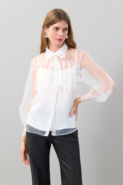 Roman Yakası Bağlama Detaylı Organze Gömlek Beyaz K2513527_002