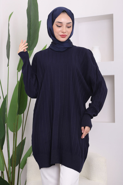 İmajButik Lacivert Bisiklet Yaka Merserize Salaş Triko Tunik