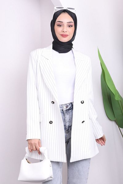İmajButik Λευκό ριγέ μπουφάν με διπλό γιακά