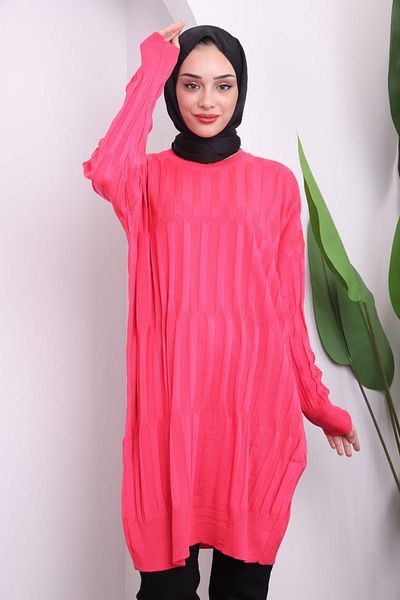 İmajButik Ανοιχτό φούξια λαιμόκοψη Mercerized Casual Knitwear Tunic