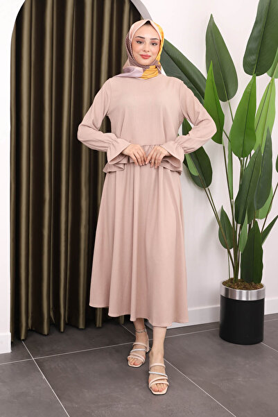 İmajButik Beige Blouse and Skirt Set - Sleeve Detail