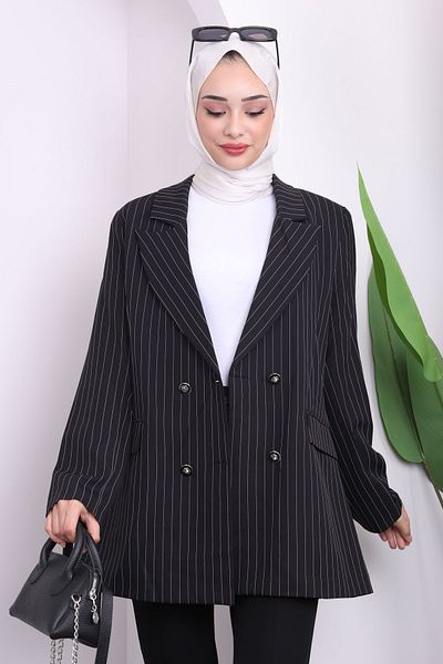 İmajButik Μαύρο ριγέ μπουφάν με διπλό γιακά