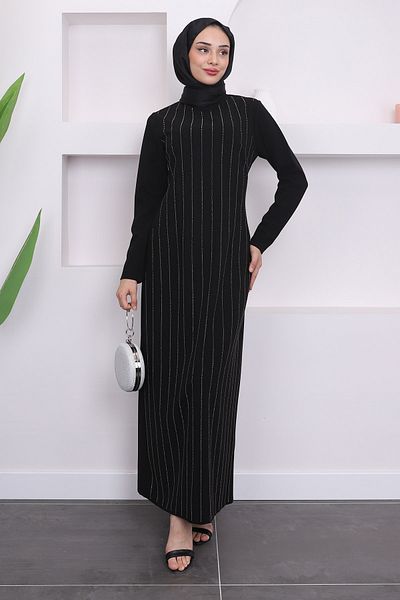 İmajButik Μαύρο φόρεμα με μπροστινή πέτρινη λεπτομέρεια