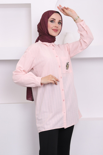 İmajButik Λινό Πουκάμισο - Χρώμα πούδρας, Λεπτομέρεια τσέπης