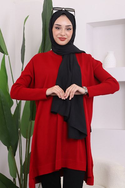 İmajButik Red Crew Neck Mercerized Loose Knitwear Tunic