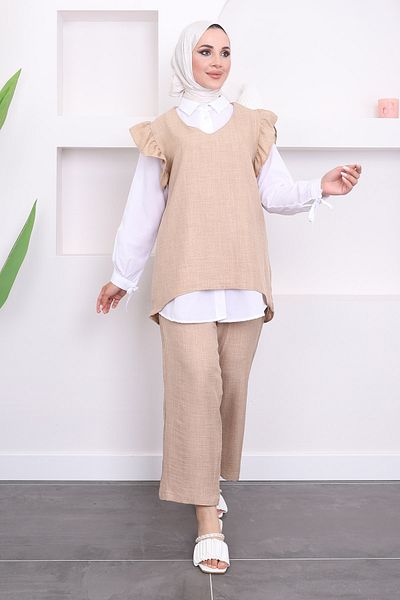 İmajButik Μπεζ Σετ Πουλόβερ και Παντελόνι - Πουκάμισο Τριών Τεμαχίων