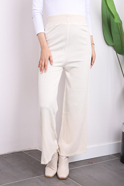 İmajButik Cream High Waist Wide Leg Knitwear Trousers
