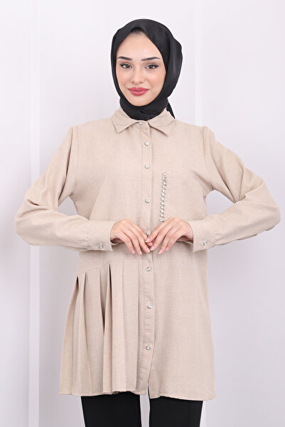İmajButik Lenjerie plisată bejTunika - Detaliu de piatră de buzunar