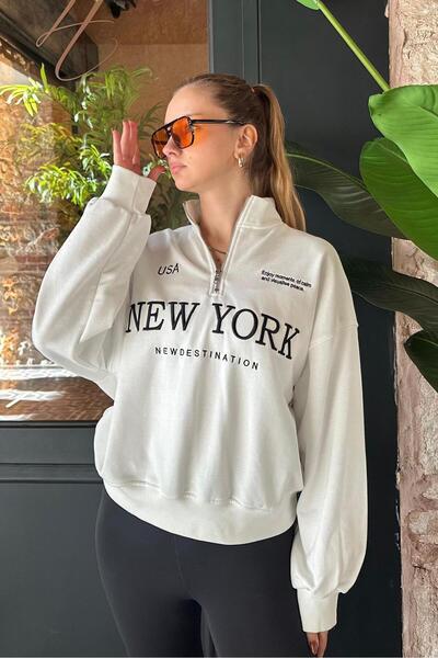 Madmext Ekru Yarım Fermuarlı Baskılı Sweatshirt MG2240