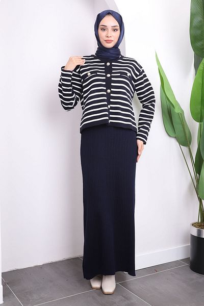 İmajButik Φόρεμα πλεκτό Navy Blue Crop Ζακέτα Διπλός Συνδυασμός