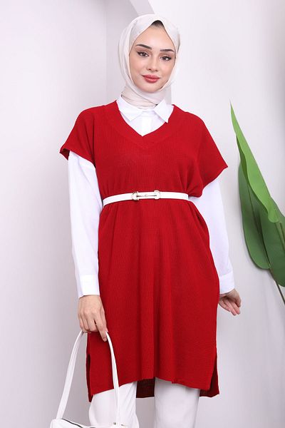 İmajButik Red V-Neck Slit Selanik Knitwear Sweater