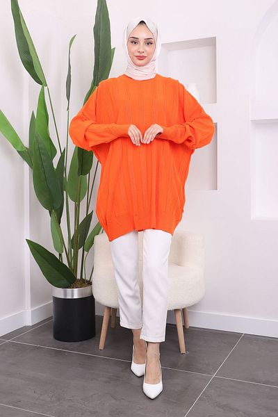 İmajButik Πορτοκαλί Crew Neck Mercerized Casual Knitwear Tunic