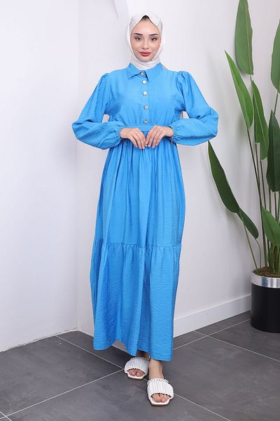 İmajButik Λινό Φόρεμα - Μπλε, Πλισέ μέσης