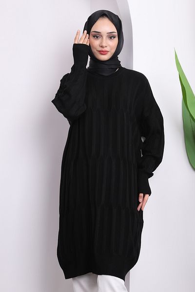 İmajButik Black Crew Neck Mercerized Casual Knitwear Tunik
