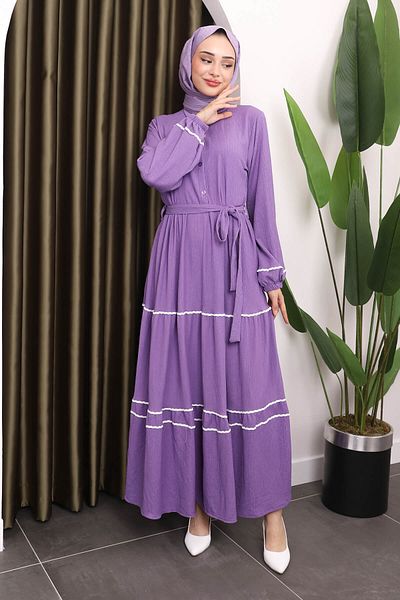 İmajButik Φόρεμα Λιλά Περιτυλιγμένο με Φούστα και Ρίγα - Λάστιχο Μανίκι