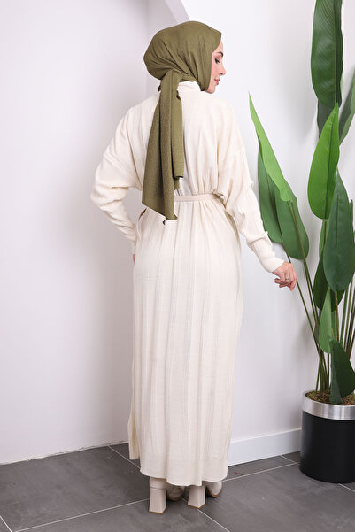 İmajButik Cream Stand Collar Mercerized Knitwear Dress