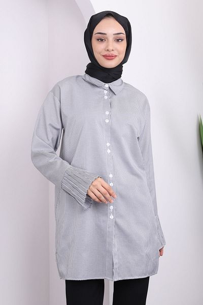İmajButik Tunica plisata cu dungi - Negru/Alb, Maneca cu nasturi