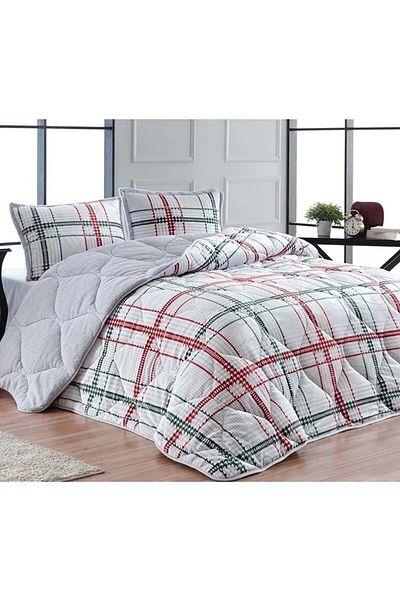 Mandaş Merino Comforter Set, Double Quilt Pillowcase - Elba Gray Red