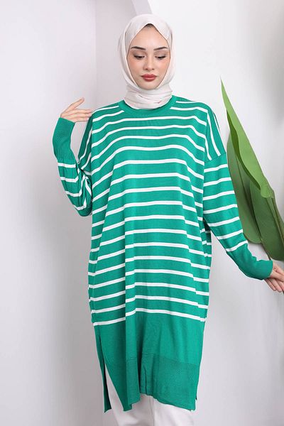 İmajButik Πλεκτό τουνίκ Mercerized με πράσινο ριγέ σκίσιμο