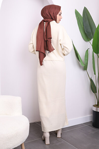 İmajButik Cream Crop Cardigan Knitwear Dress Double Combination